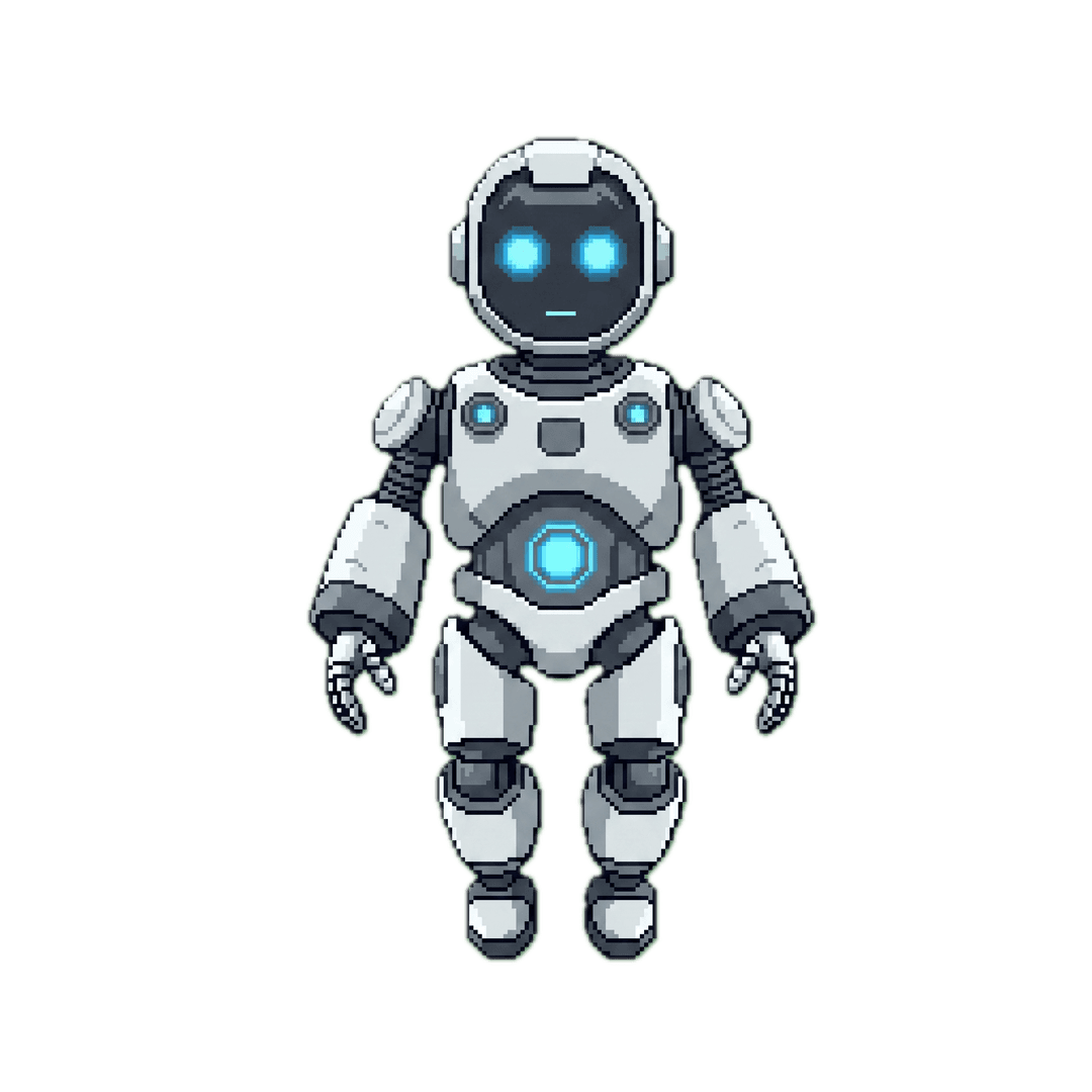 Robot futurista 3D flotando en el espacio oscuro con ojos azules brillantes