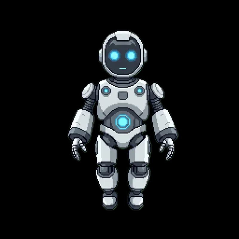 Robot futurista 3D flotando en el espacio oscuro con ojos azules brillantes